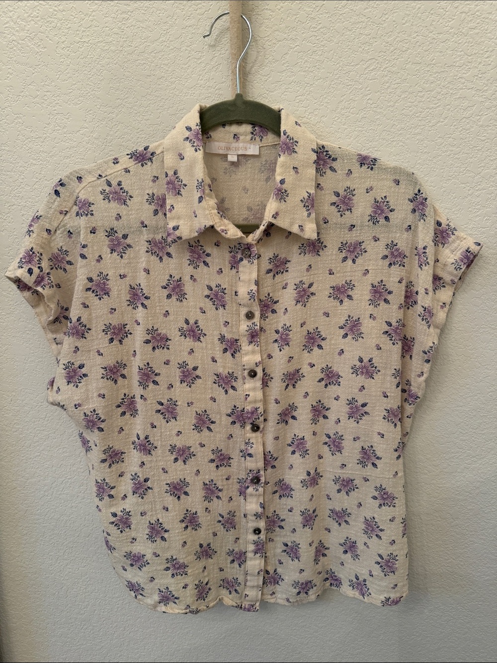 Olivaceous Cream Button-Down Shirt with Purple Floral Print
